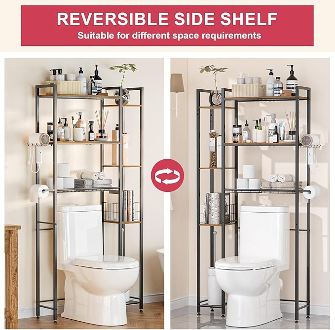 Over Toilet Bathroom Organizer, Solid Wood Over Toilet Storage Shelves with Toilet Paper Holder, Hooks, Side Rack, Sturdy Metal Standing Shelf for Laundry, Balcony, 9.45" D x 31.5" W x 66" H