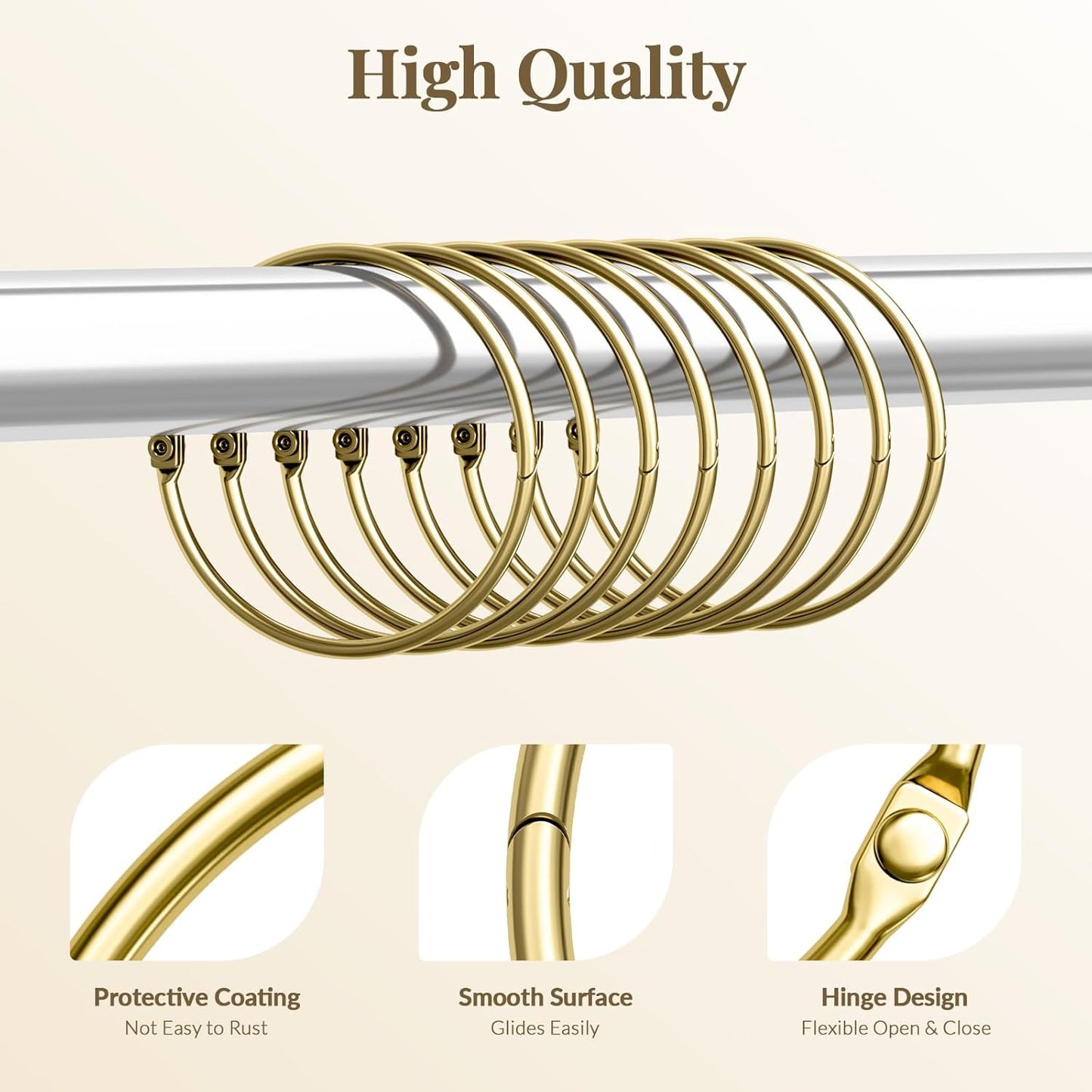 Shower Curtain Rings, Shower Curtain Hooks Rust Proof Shower Rings for Curtain, Glide Smoothly Metal Gold Shower Hooks for Shower Curtain and Rod, 12 Pcs Snap Joint Shower Curtain Clips