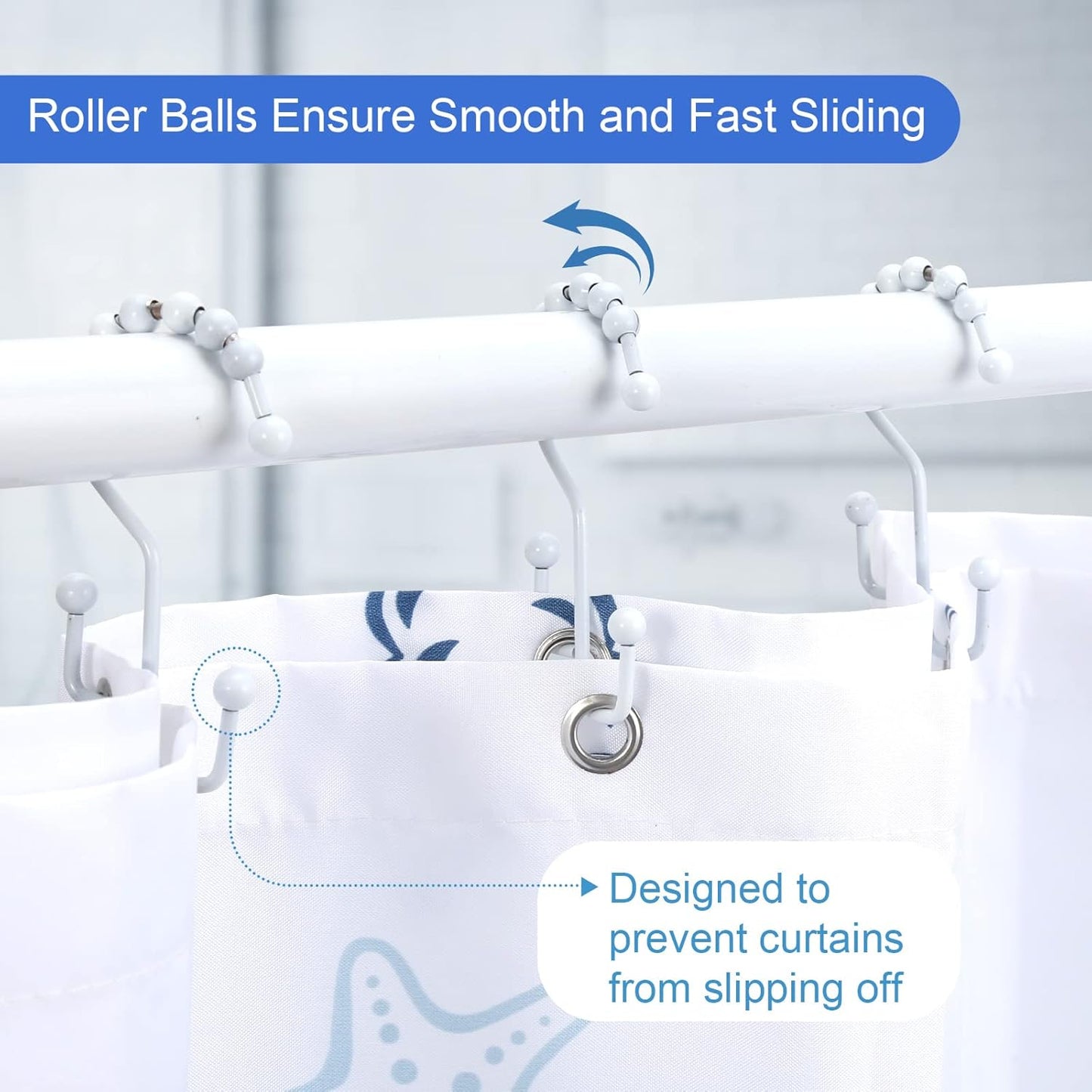 Shower Curtain Rings, SUTINE Double Shower Curtain Hooks, Rust-Resistant Metal Shower Curtain Rings, Free Sliding Stainless Steel Shower Hooks for Shower Curtains & Liners, 12pcs-White