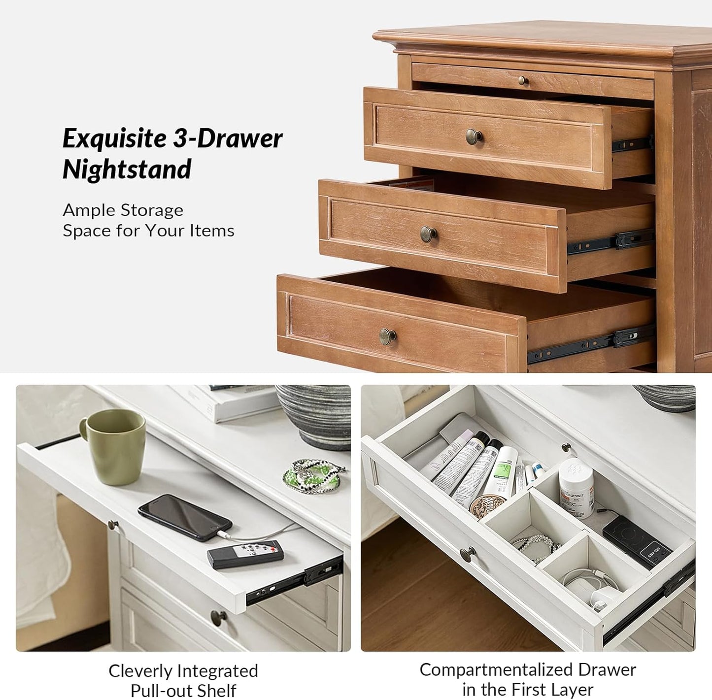 HULALA HOME Farmhouse 3 Drawer Nightstand with Tray, Drawer Organizer with Solid Wood Legs, Nightstand with Charging Station,Acorn