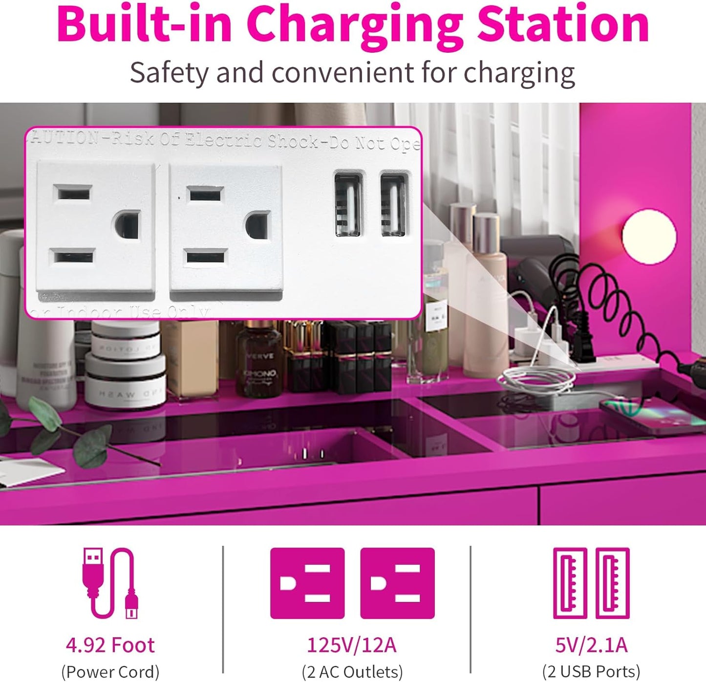 Karl home Vanity Desk with Large Lighted Mirror & Powre Outlet, Glass Tabletop Makeup Vanity Set with 3 Drawers & 2 Cabinet, 45.3" Make up Dressing Table with 12 Lights for Bedroom, Pink