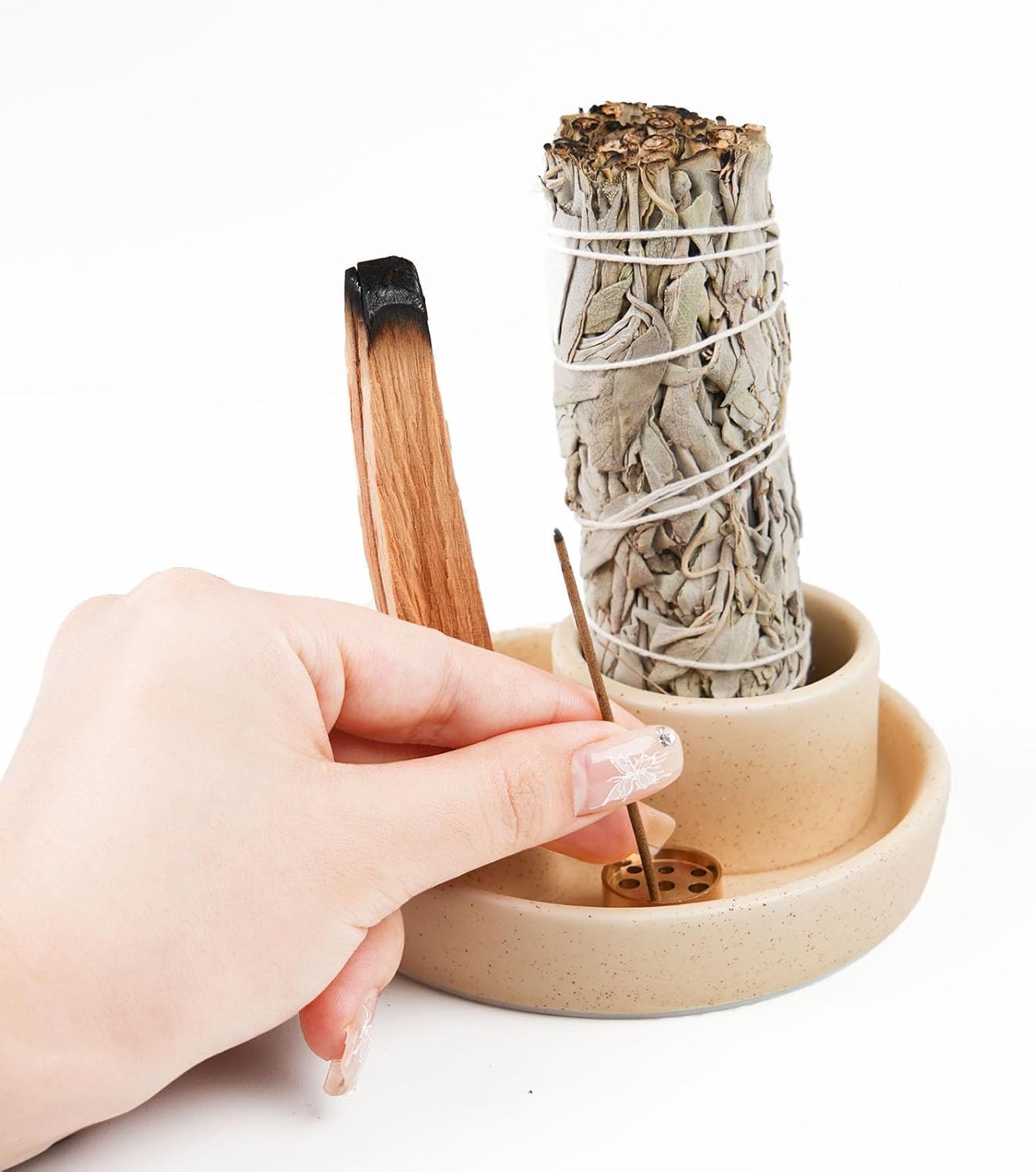 4 in 1 Incense Holder, Palo Santo Stick Holder,Sage Holder for Burning- 4.25" Sage Incense Holder for Meditation Room Home Decor (Sand)