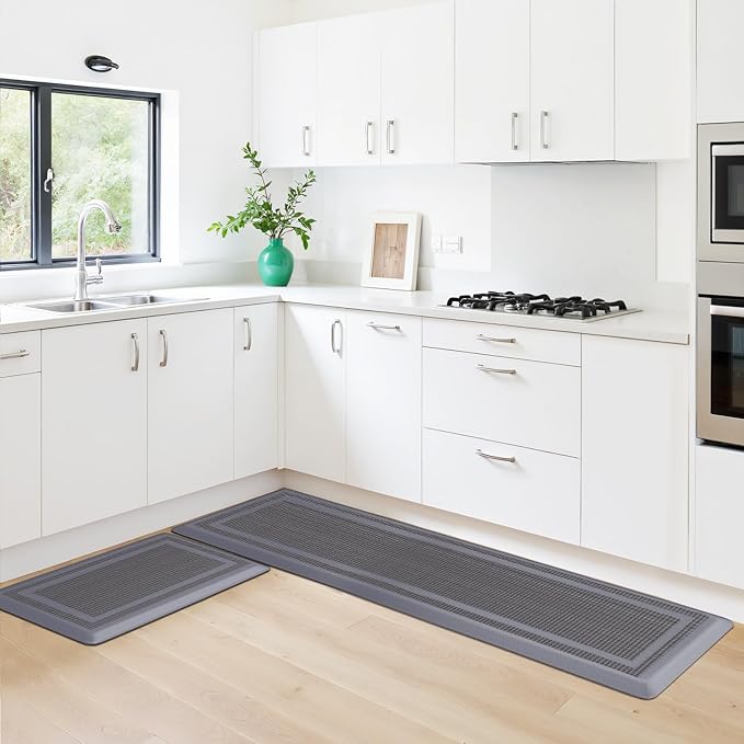 KitchenClouds [2 PCS Kitchen Rugs Cushioned Anti-Fatigue Kitchen Mats for Floor Waterproof Kitchen Rug Set Non-Slip Comfort Standing Mat for Office, Sink, Laundry 17.3"×28"+17.3"×60", Grey