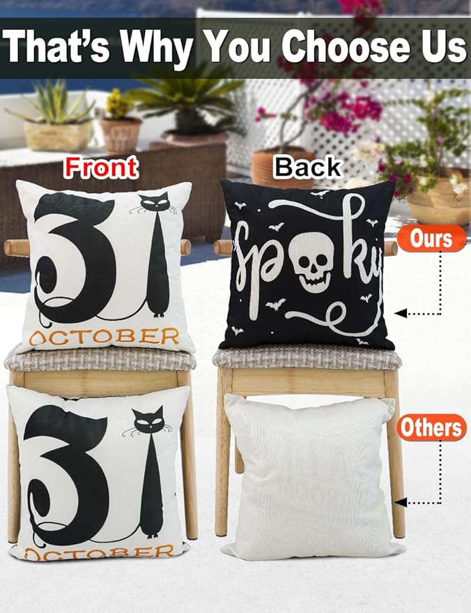 Halloween Decorations Set Of 4 Double-Sided Print Pillow Covers 20" x 20", with 8 Cute Halloween Decor Patterns, Elegant Invisible Zipper, Soft Linen Throw Pillow Covers for Outdoor & Indoor Use