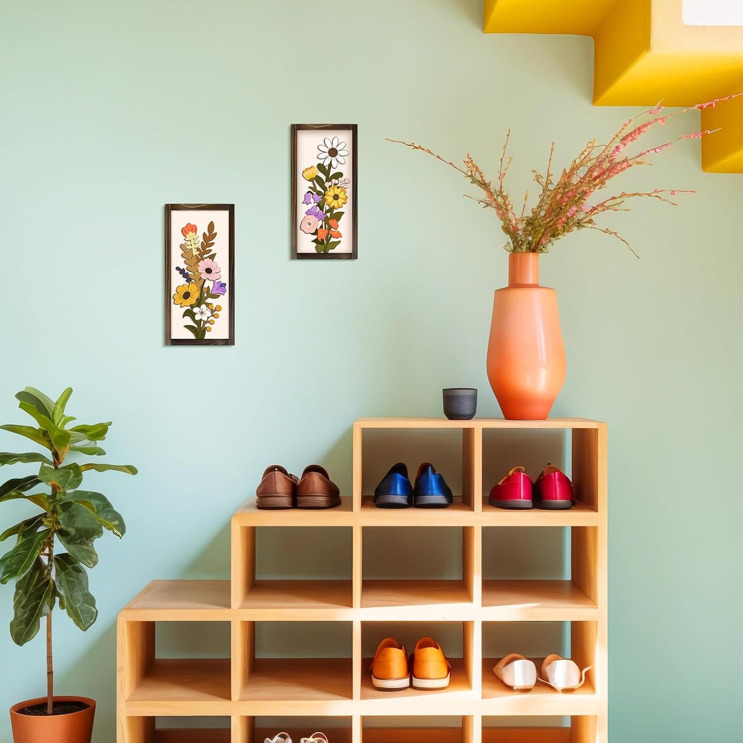 Kas Home 3D Floral Wall Art, 2 Set Rustic Wood Boho Flower with Vase Framed Wall Decor for Bathroom Living Room Bedroom Office Housewarming Gift, Ready To Hang Plaque Sculptures (White-A, 6L" x 12W", Framed)