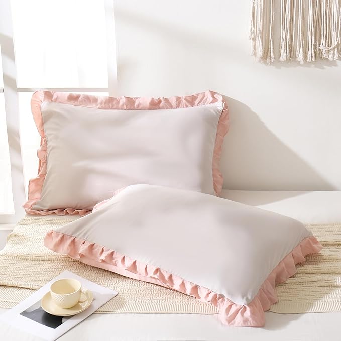Merryword Pink and Beige Reversible King Pillow Shams - Cute Ruffled Pillowcases Set of 2, Soft Shabby Chic Cover (20"x36")
