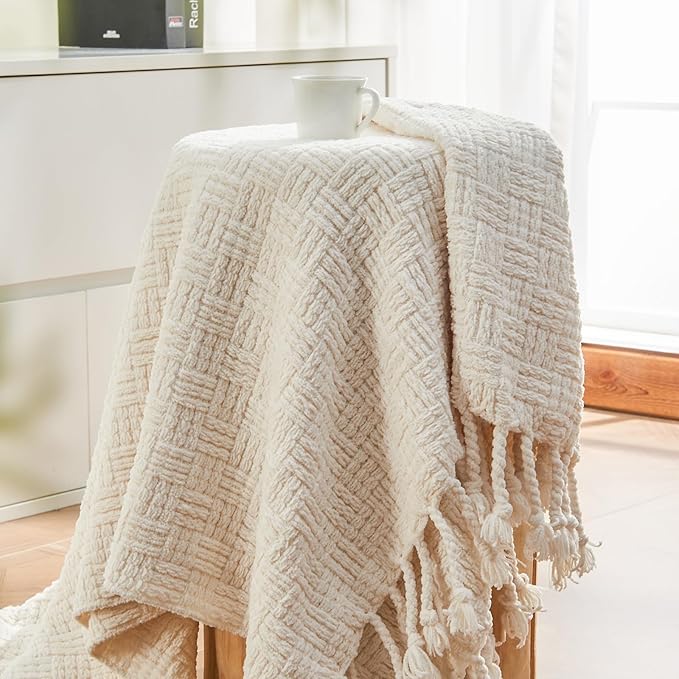 lifein Throw Blanket for Couch - Boho Throw Blanket, Knit Woven Blanket, Soft Decorative Blankets&Throws with Tassels for Bed,Sofa,Chair,Home Decor (Cream, 50 * 60, Waffle)