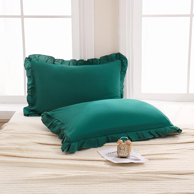 Merryword Dark Green Pillow Shams Green King Pillowcases Cute Pillow Cover Set of 2 Soft Shabby Chic Ruffled Pillowcases 2 Pack (King (20''x36''), Dark Green)