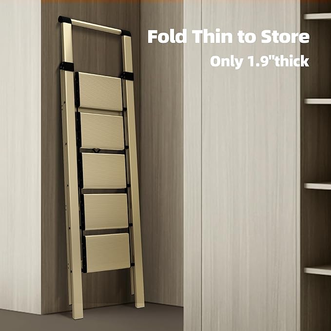 HillhutApex 5 Step Foldable Aluminum Step Ladder with Handgrip, Anti-Slip Pedal, 330 lbs Capacity, Lightweight & Portable for Home, Kitchen, Office, Garage (Gold)