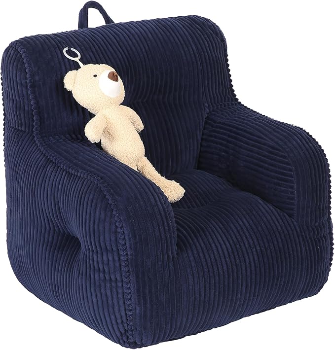Kids Bean Bag Chair with a Plush Bear, Comfy Toddler Chair for Boys and Girls, Dark Blue