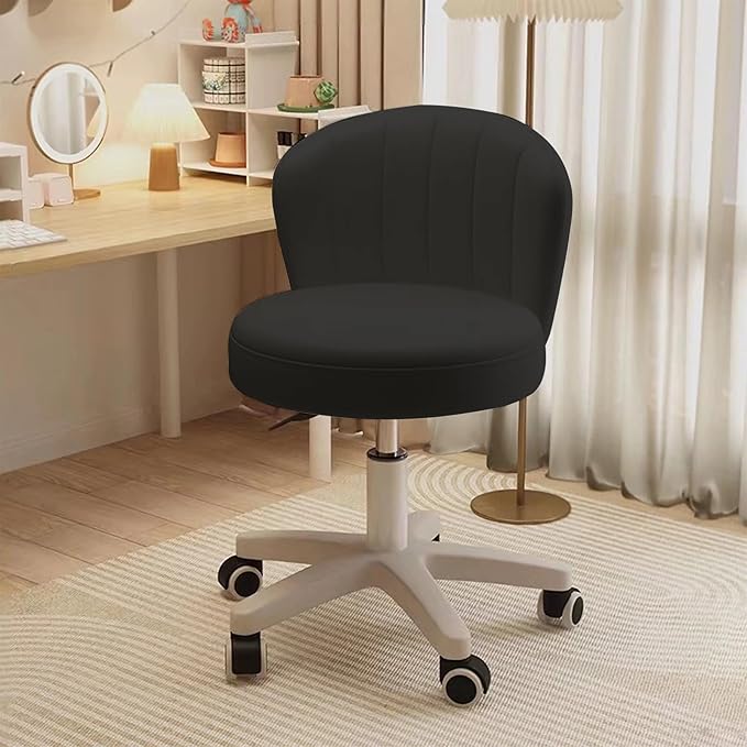 Small Desk Chair Round Rolling Chair with Back PU Leather Height Adjustable Swivel Vanity Work Computer Stool Chair for Home Office Bedroom