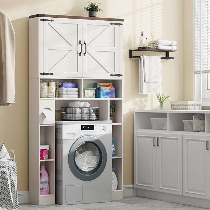 Over The Toilet Storage Cabinet, Farmhouse Storage Cabinet Over Toilet with 2 Barn Doors ，Toilet Paper Holder Stand，Home Space-Saving Toilet Rack, for Laundry, Restroom, Bathroom