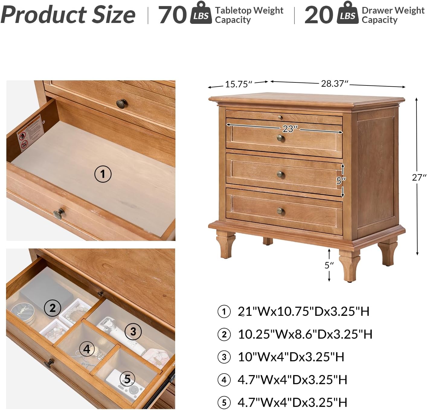 HULALA HOME Farmhouse 3 Drawer Nightstand with Tray, Drawer Organizer with Solid Wood Legs, Nightstand with Charging Station,Acorn