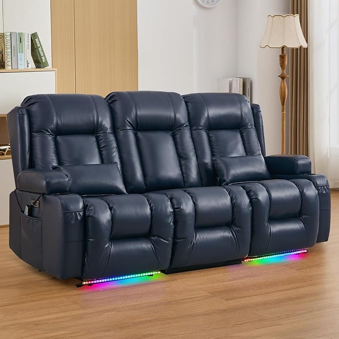 IPKIG 76" Power Reclining Sofa, Electric Home Theater Seating with Flipped Middle Backrest/LED Lighting/USB Ports/Built-in Outlets, Dual Recliner Sofa 3 Seater for Living Room RV (Blue)