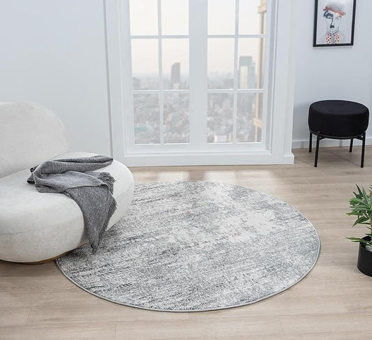 Keen Home Design Area Rugs - 5ft Round Non-Shedding, Abstract Rugs for Kitchen, Living Room, Bedroom, Dining Room, Entryway - Size: 5'3" Round, Abstract Cream/Grey