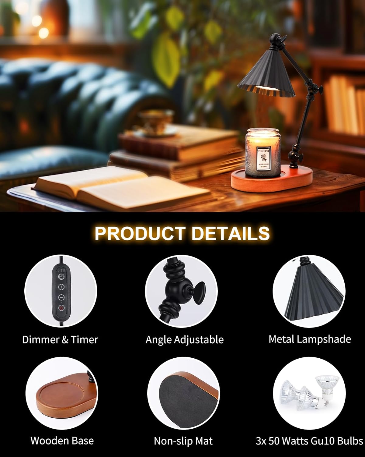 Candle Warmer Lamp, Candle Warmer with Timer Dimmer Electric Candle Lamp with 3 Bulbs Gifts for Mom Her Height Adjustable Wax Melt Warmer for Scented Candle Jars Bedroom Home Decor, Black
