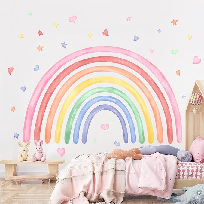 77" x 47" Large Rainbow Wall Decals Stickers for Girls Nursery Peel and Stick Watercolor Rainbow Hearts Stars Vinyl Wall Mural Art for Kids Toddlers Bedroom Playroom Classroom