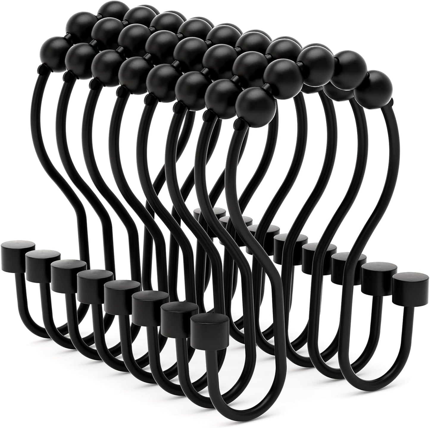Shower Curtain Hooks, Shower Curtain Rings Rust Proof Double Hook Shower Curtain Hooks with Clindrical Design, 12 Pcs Black Shower Hooks for Shower Curtain, Metal Shower Rod Hooks