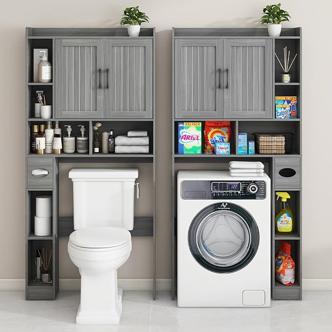 Over The Toilet Storage Cabinet, Farmhouse Storage Cabinet Over Toilet with Barn Door，Home Space-Saving Toilet Rack for Bathroom, Restroom and Laundry.（Wash Grey）