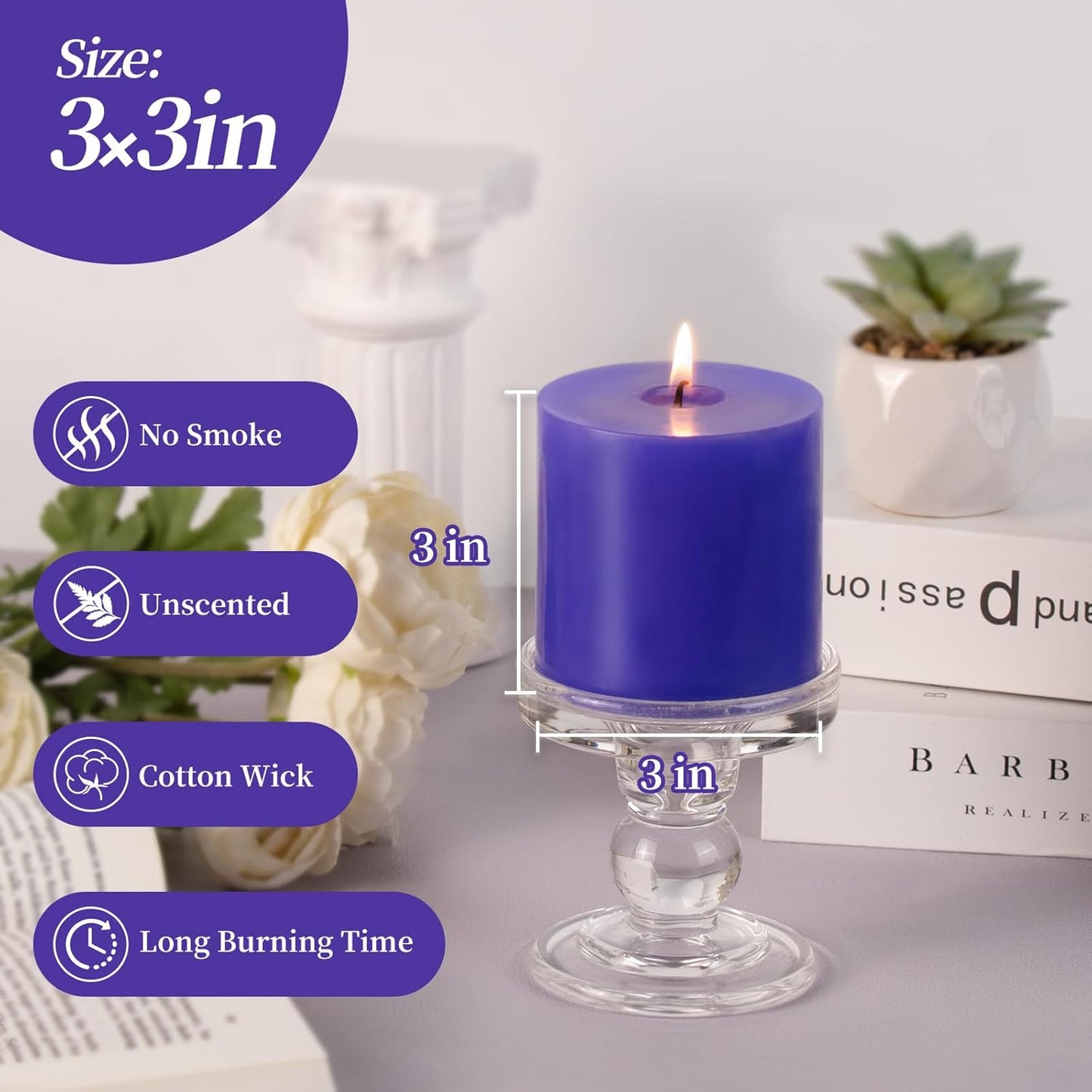KONNI Violet Pillar Candles Set of 3, 3"x 3" Unscented Pillar Candles Bulk, 30 Hours Long Burning Candles, Smokeless and Dripless Large Round Candle for Wedding, Home Decoration, Parties, Spas, Dinner