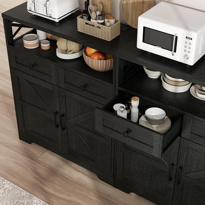 31.5" Black Storage Cabinet with Drawers and Shelf, Farmhouse Sideboard Buffet with Storage, Kitchen Pantry Hutch, Coffee Bar Cabinet Station Table for Kitchen, Living, Dining Room