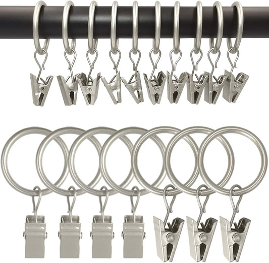 100 Pack Metal Curtain Rings with Clips, Drapery Clips with Rings, Drapes Rings 1 inch Inner Diameter, Fits Diameter 5/8 inch Curtain Rods, Matte Silver