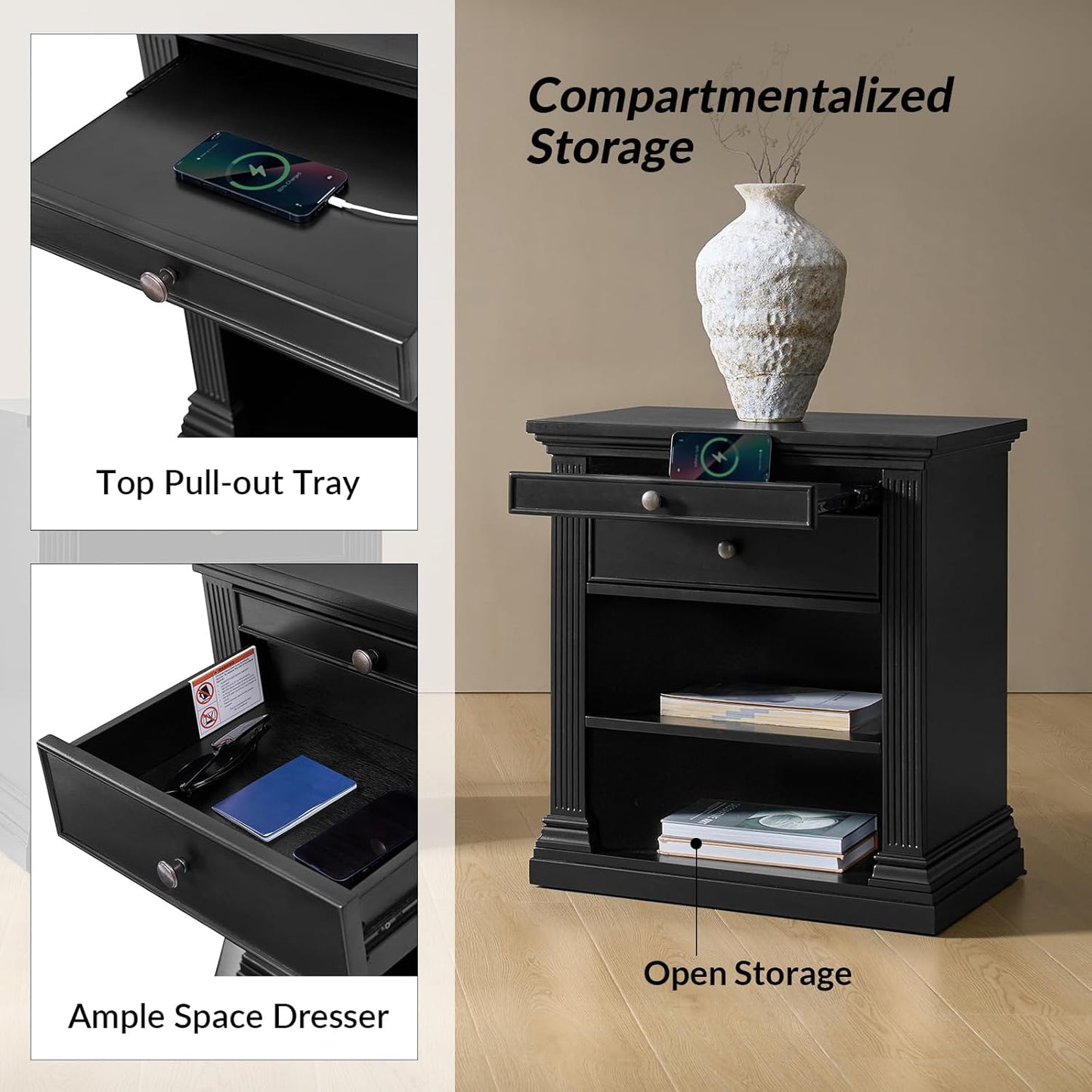 HULALA HOME Wood Nightstand with Tray and Storage Shelves, Traditional Design with Roman Column, End Table with Charging Station/LED, Black