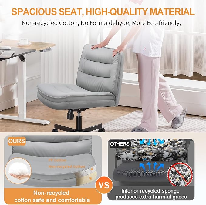 COMHOMA Cross Legged Office Chair with Wheels Armless Office Desk Chair, Modern Vanity Computer Task Chairs for Home Bedroom, Comfortable Wide Seat for Lower Back Pain Relief, PU Leahter, Gray