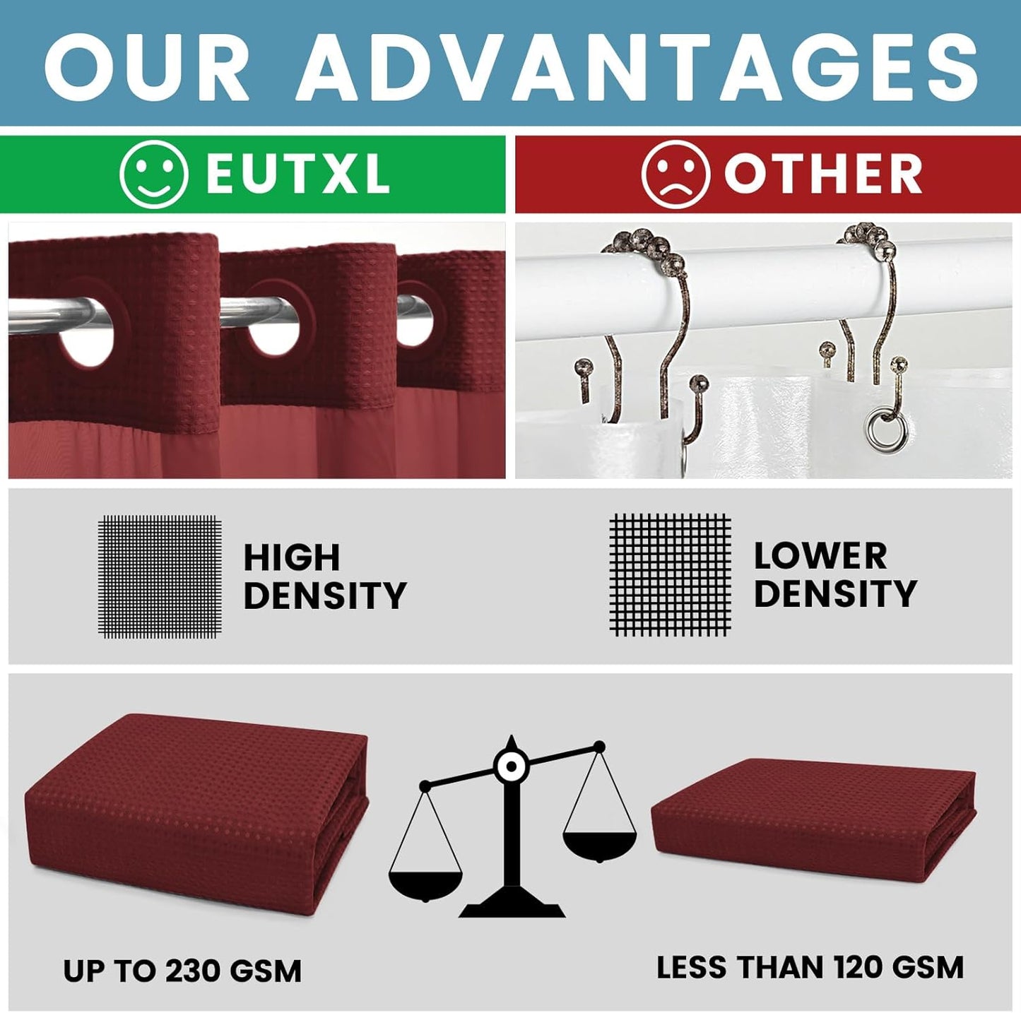 Burgundy Long No Hook Shower Curtain with Snap in Liner,230GSM Waffle Weave Shower Curtains for Bathroom,71W x 86H