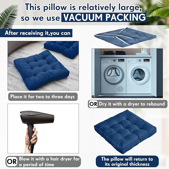 Jerify 4 Pcs Floor Pillow Cushions 22 x 22 Inch Round Square Large Meditation Floor Pillow for Classroom Adult Meditation Picnic Party Cushion for Seating Gift Christmas(Navy Blue,Square)