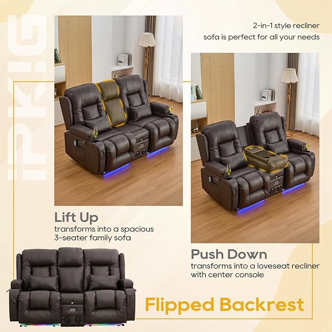 IPKIG 67" Power Reclining Loveseat Sofa, Electric Home Theater Seating with Console/4 Colors Ambient Lighting/Bluetooth Speakers/USB Ports/Built-in Outlets (Brown, Loveseat Recliner)