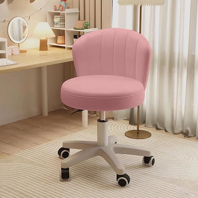 Small Desk Chair Round Rolling Chair with Back PU Leather Height Adjustable Swivel Vanity Work Computer Stool Chair for Home Office Bedroom