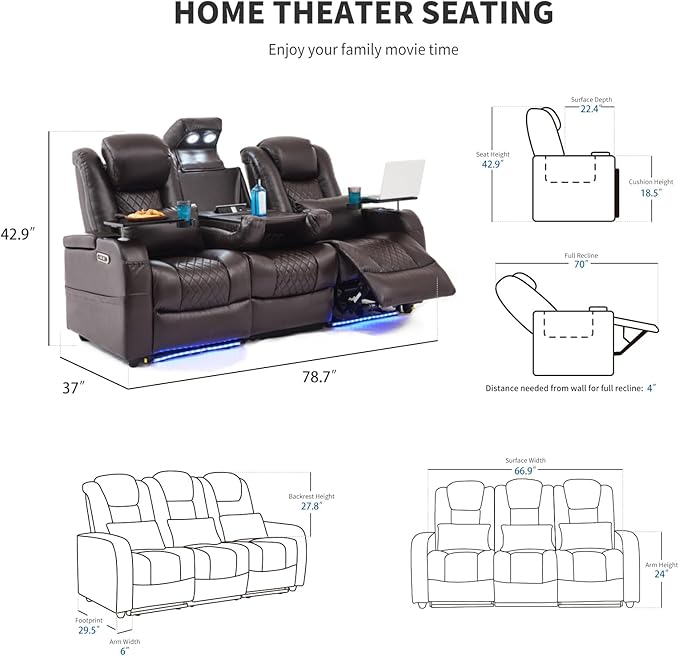 Home Theater Seating Seats, Movie Theater Chairs Theater Recliner with 7 Colors Ambient Lighting, Lumbar Pillow, Touch Reading Lights, Tray Table