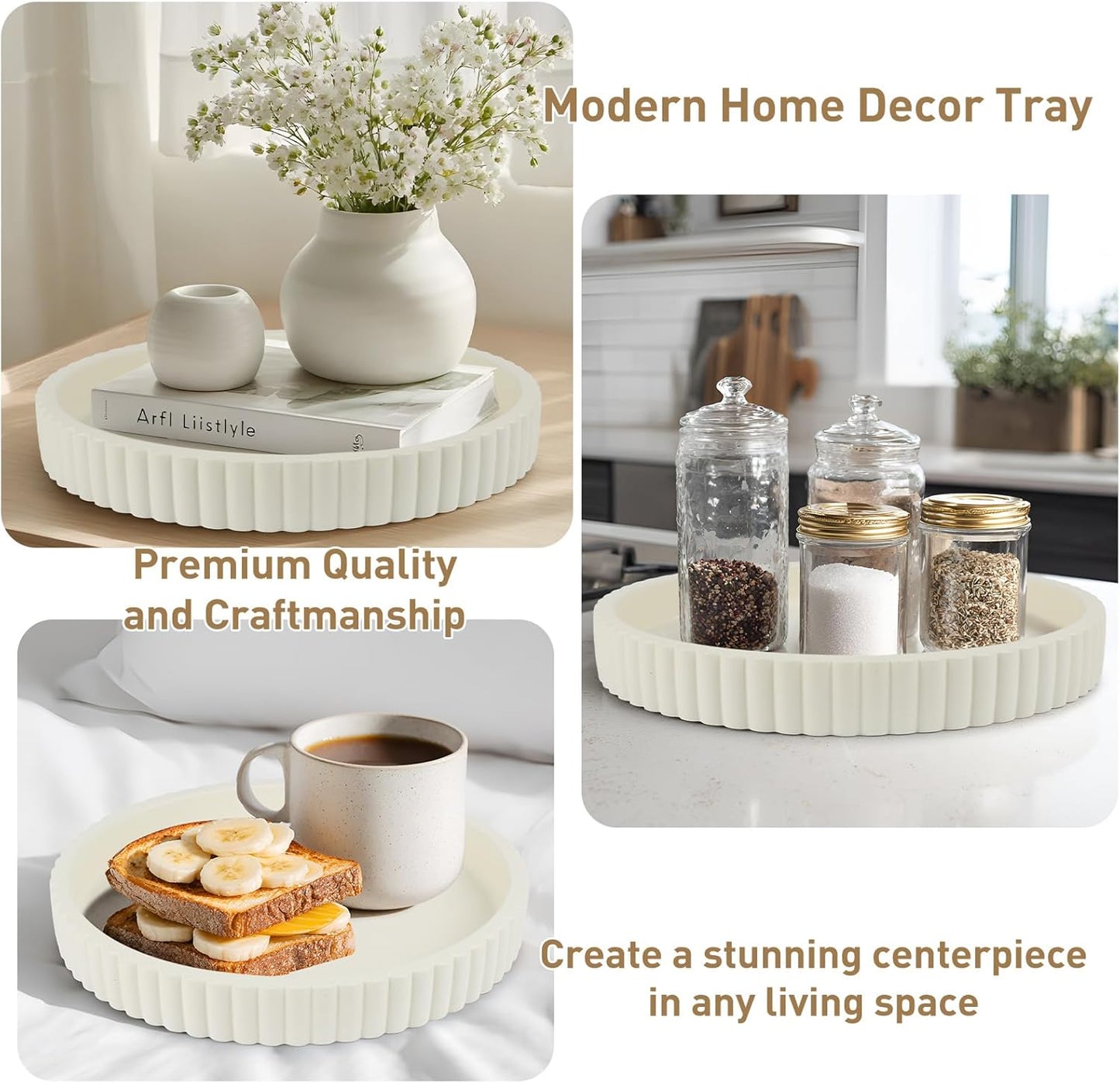 Round Decorative Tray for Coffee Table Decor-Modern Home Decor Tray-Concrete Coffee Table Serving Tray-Centerpiece Table Tray-Ottoman,Vanity, Bathroom, Kitchen,Dresser (White)