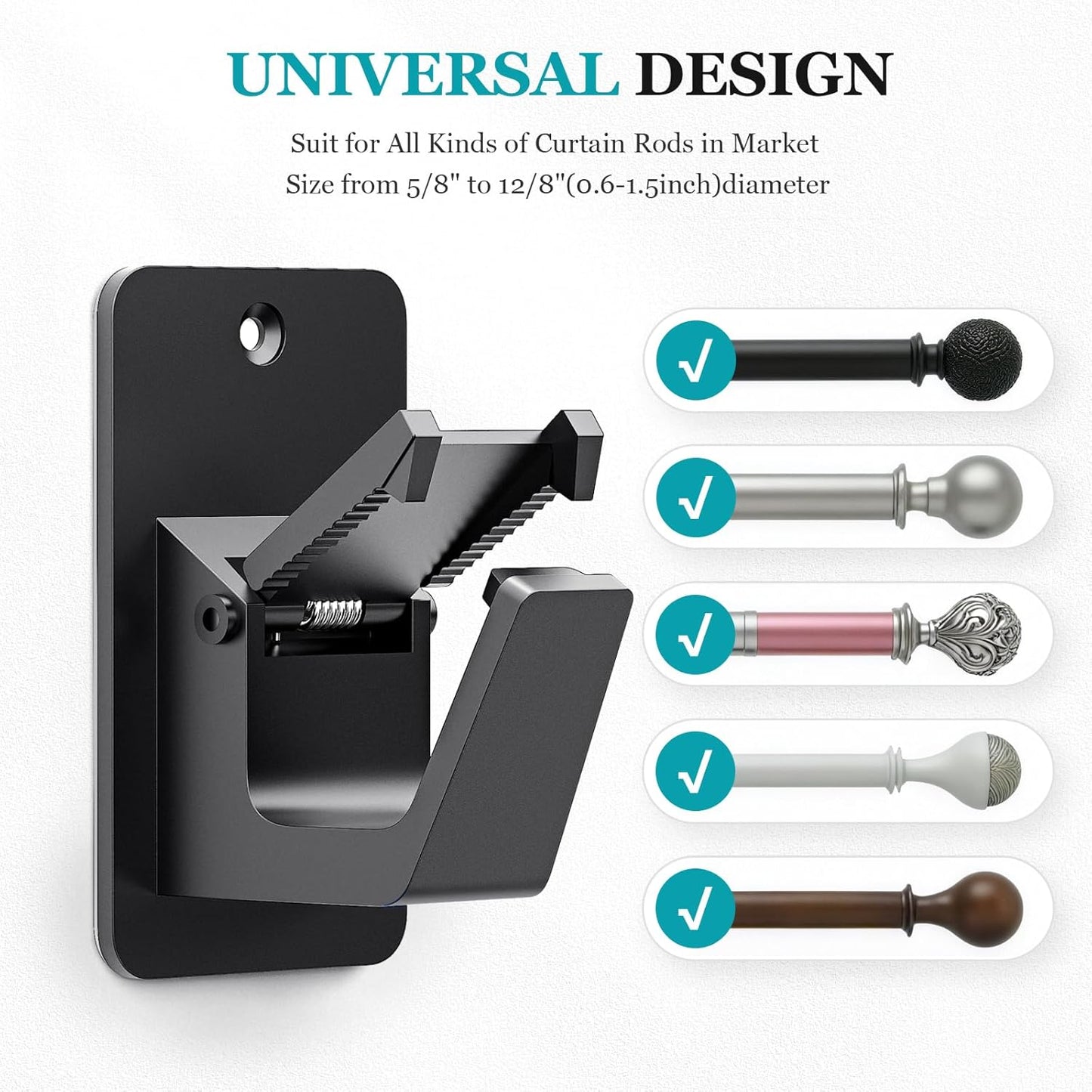 Adhesive No Drill Curtain Rod Brackets - Heavy Duty 30LB Holders for Bathroom Bedroom Kitchen, Universal Damage-Free Window Rod Hooks with Nail-Free Installation (2PC Black)