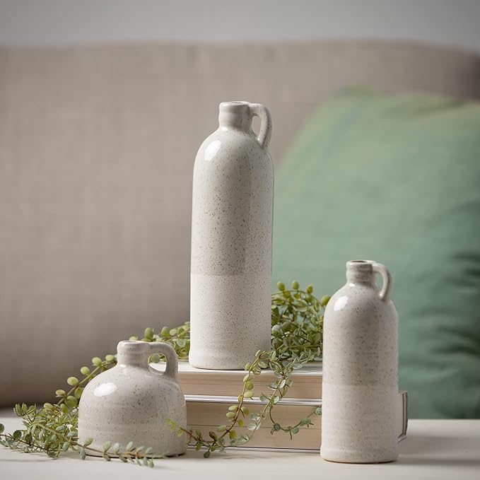 Sullivans Modern Farmhouse Distressed Two-Toned White Small Ceramic Jug Set of Three (3), 4, 7.5, 10” Tall, Crackled Finish Faux Floral Jugs, Distressed Decoration