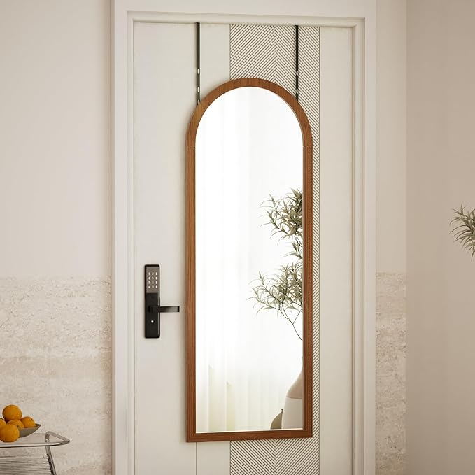 18"x48" Full Length Over The Door Mirror with Wood Frame Shatterproof Tempered Glass, Space-Saving Design, Adjustable Height Hooks