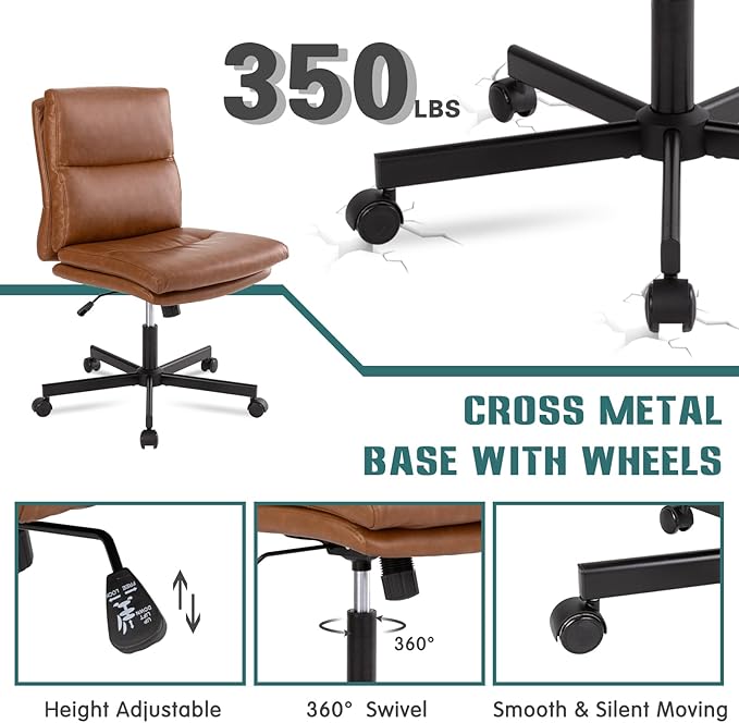 LUCKWIND Armless Office Desk Chair with Wheels, Mid-Back Criss Cross Swivel Task Chair, Height Adjustable Cushioned Vanity Chair, Double Padded PU-Leather Chairs for Home, Office & Bedroom (Brown)