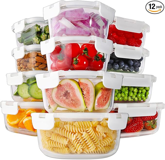 HOMBERKING 24pc Glass Food Storage Containers with Lids, Glass Meal Prep Containers with Leak Proof Snap Lock Lids, Airtight Bento Lunch Boxes, Kitchen Storage (12 lids & 12 Containers) - White