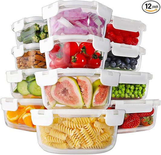 HOMBERKING 24pc Glass Food Storage Containers with Lids, Glass Meal Prep Containers with Leak Proof Snap Lock Lids, Airtight Bento Lunch Boxes, Kitchen Storage (12 lids & 12 Containers) - White