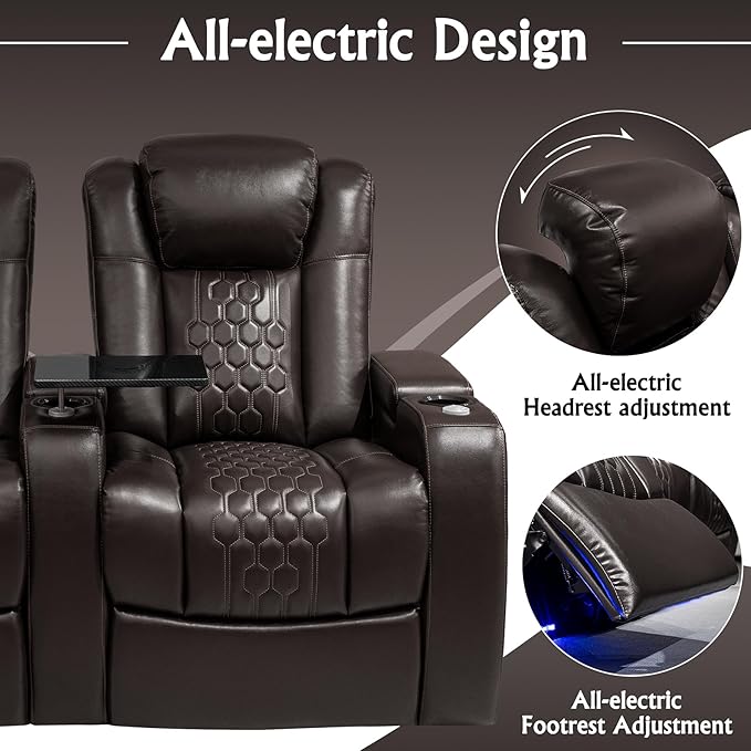 Home Theater Seating, Living Room,Powered Headrest, Powered Lumbar, Italian Leather, Powered Recline, Single Recliner (Coffee Color, Row of 3)