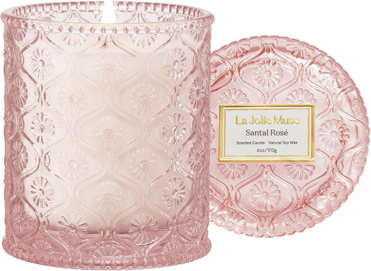 LA JOLIE MUSE Santal Rose Scented Candle – Saffron, Rose & Leather | 6 oz Natural Soy Wax | 40 Hours Clean Burn | Gift-Ready for Hosts & Gatherings | Elegant Home Decor