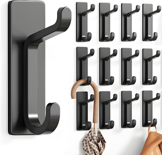 pickpiff 12 Pack Wall Hooks for Coat and Towel: 13LB Adhesive Door Hanger Stick on, Black