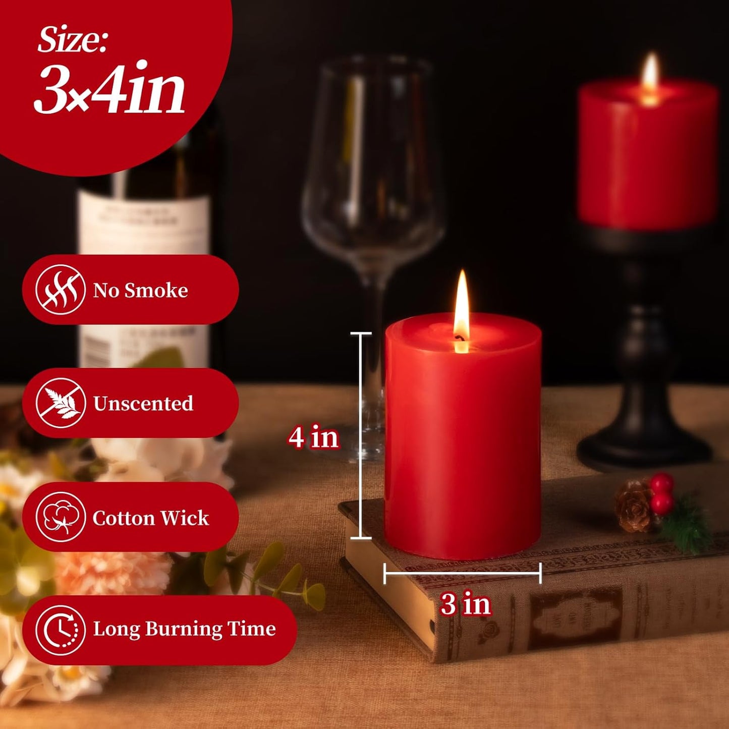 KONNI Red Pillar Candles Set of 3, 3"x 4" Unscented Pillar Candles Bulk, 39 Hours Long Burning Candles, Smokeless and Dripless Large Round Candle for Wedding, Home Decoration, Parties, Spas, Dinner