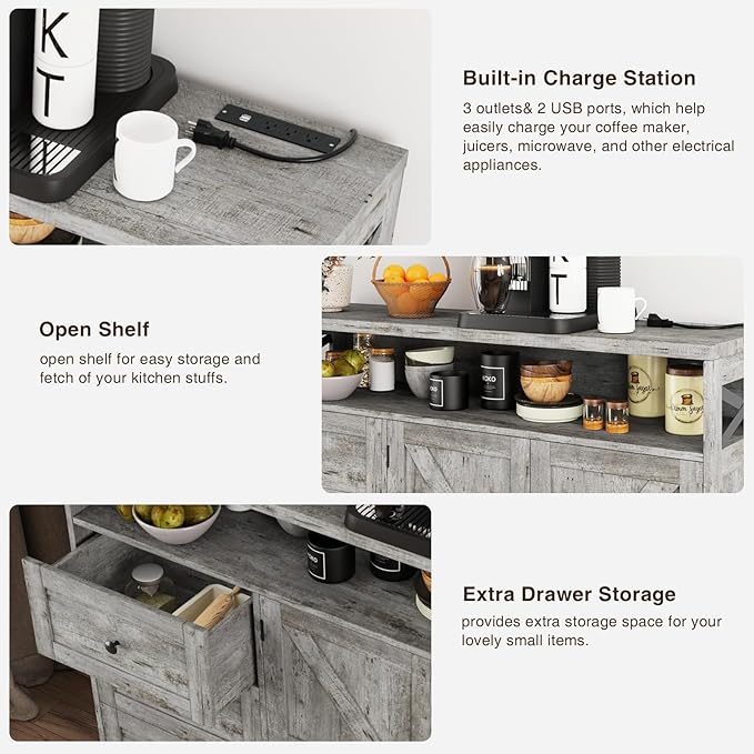 47" Distressed Grey Farmhouse Storage Cabinet with Doors & Drawers, Sideboard Buffet Cabinet with Storage, Kitchen Pantry Hutch, Coffee Bar Station Table for Kitchen, Living Room, Dining Room