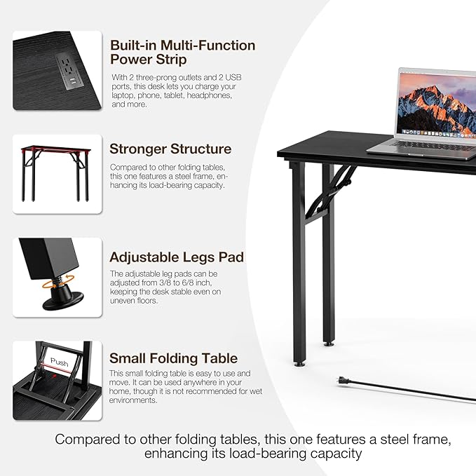 TEMI Small Computer Desk Folding Table - No Assembly, Compact 35.8" Foldable Desk with Power Outlets & USB Charging Port, Portable Small Office Desk, Ideal Mini Study Table, Dark Oak