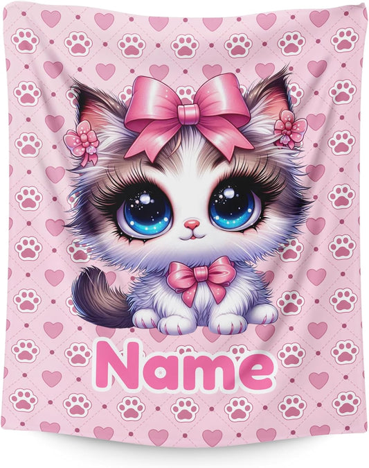 Kids Throw Blanket Personalized Cat Blanket for Girls Women, Soft Warm Lightweight Blankets for Bed Living Room Home Decor Travel