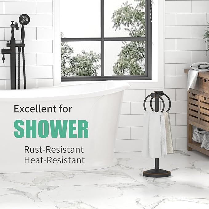 Hoimpro 17 Inch Oil Rubbed Bronze Stainless Steel Free Standing Towel Rack Bar, Double Stand Towel Ring Hand Towel Holder Hanger, Towel Hardware for Bathroom Vanity Kitchen Countertops