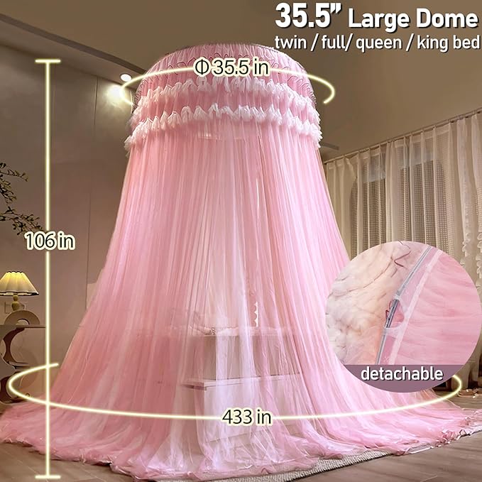 Kertnic Dreamy Bed Canopy for Girls, Princess Canopy Curtains Double Layer Sheer Mesh, Kids & Adults Canopies Netting Room Decor Tent Mosquito Net for Queen King Bed (Double Layer-Peach Pink)