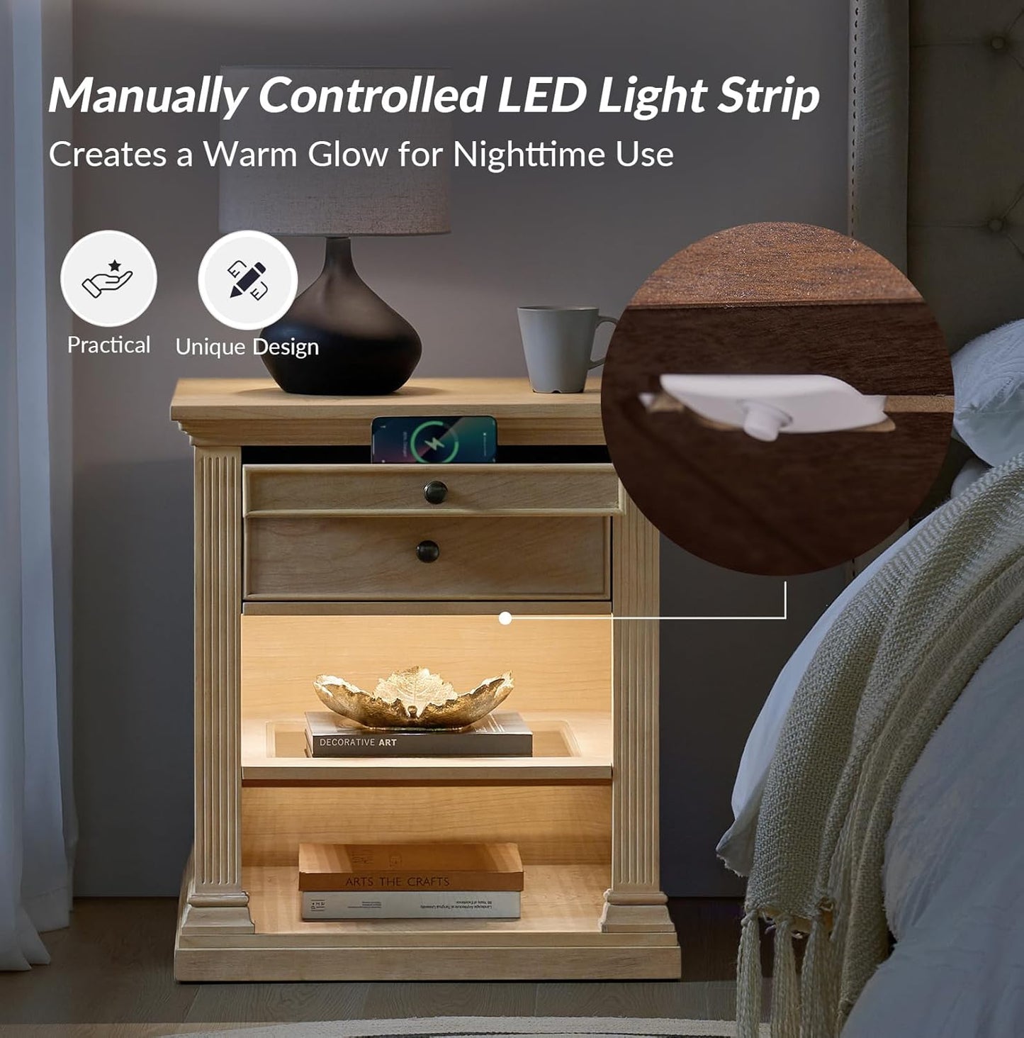 HULALA HOME Wood Nightstand with Tray and Storage Shelves, Traditional Design with Roman Column, End Table with Charging Station/LED, Natural